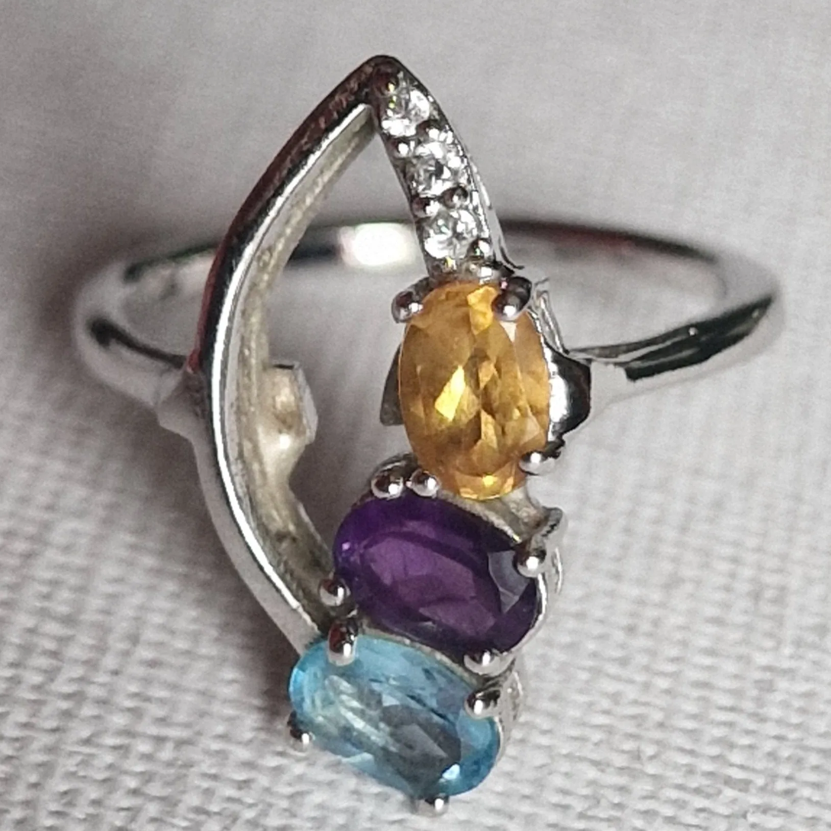 Multi Stone Amethyst Aquamarine and Citrine Silver 925 Ring