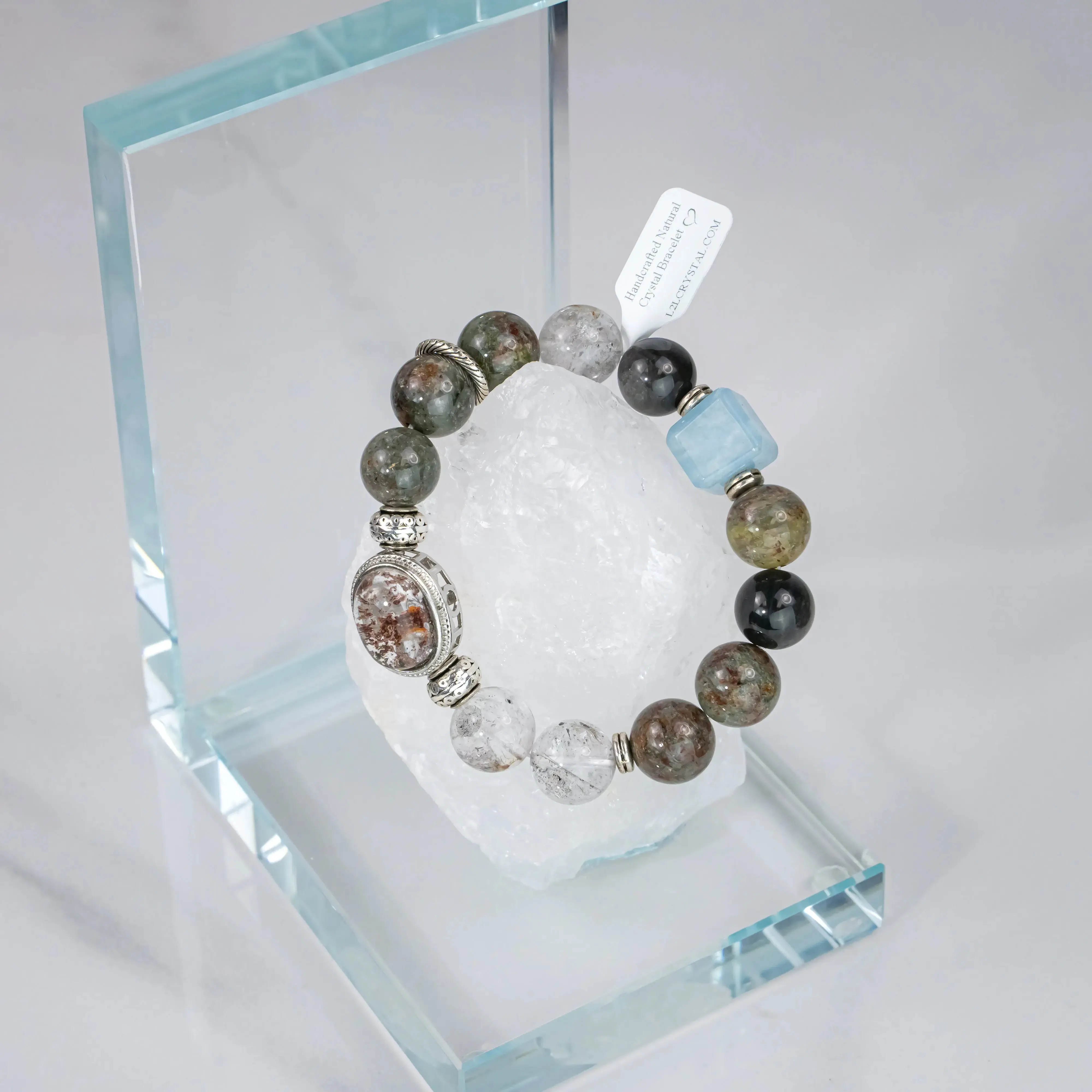 Natural Phantom Quartz & Aquamarine Green Bracelet