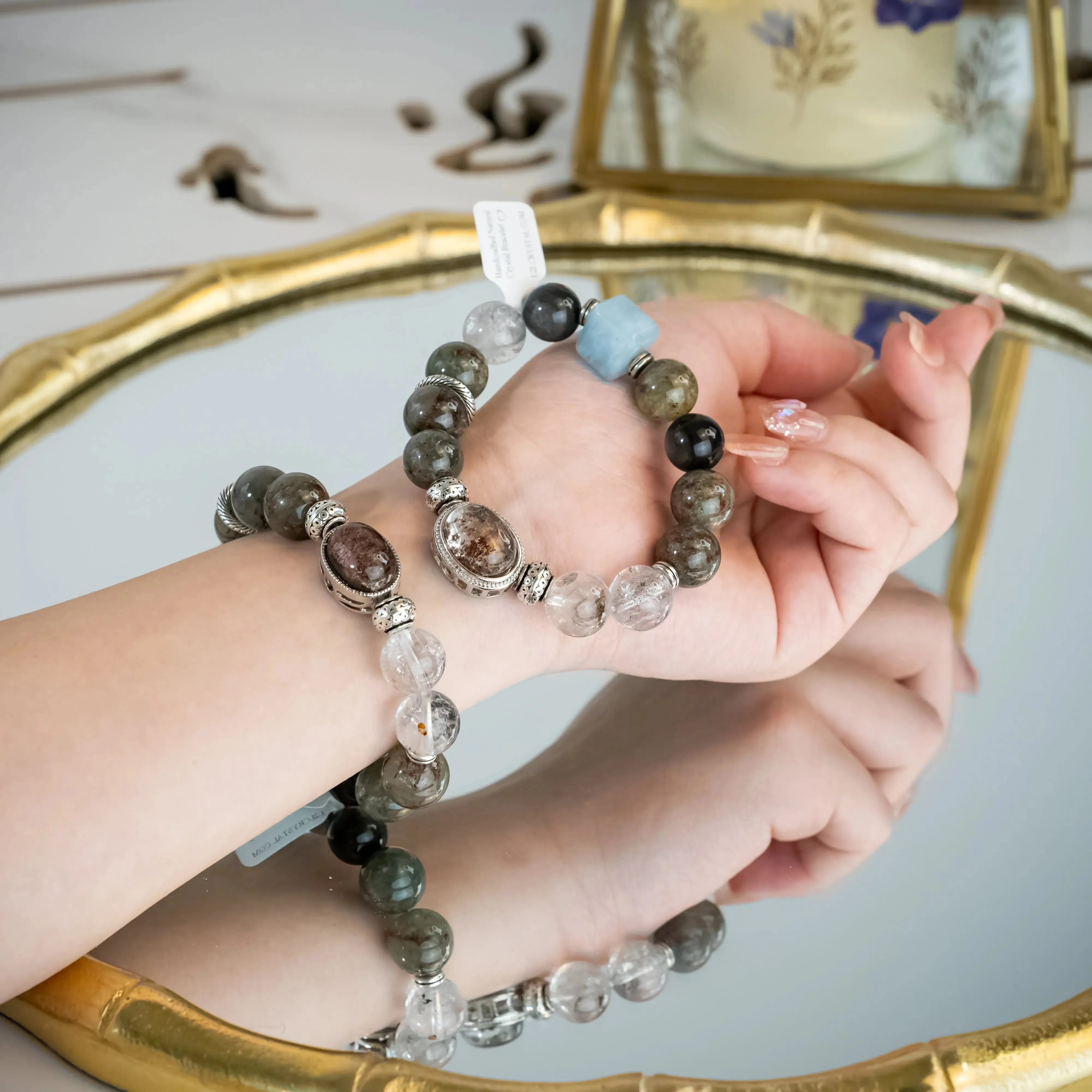 Natural Phantom Quartz & Aquamarine Green Bracelet