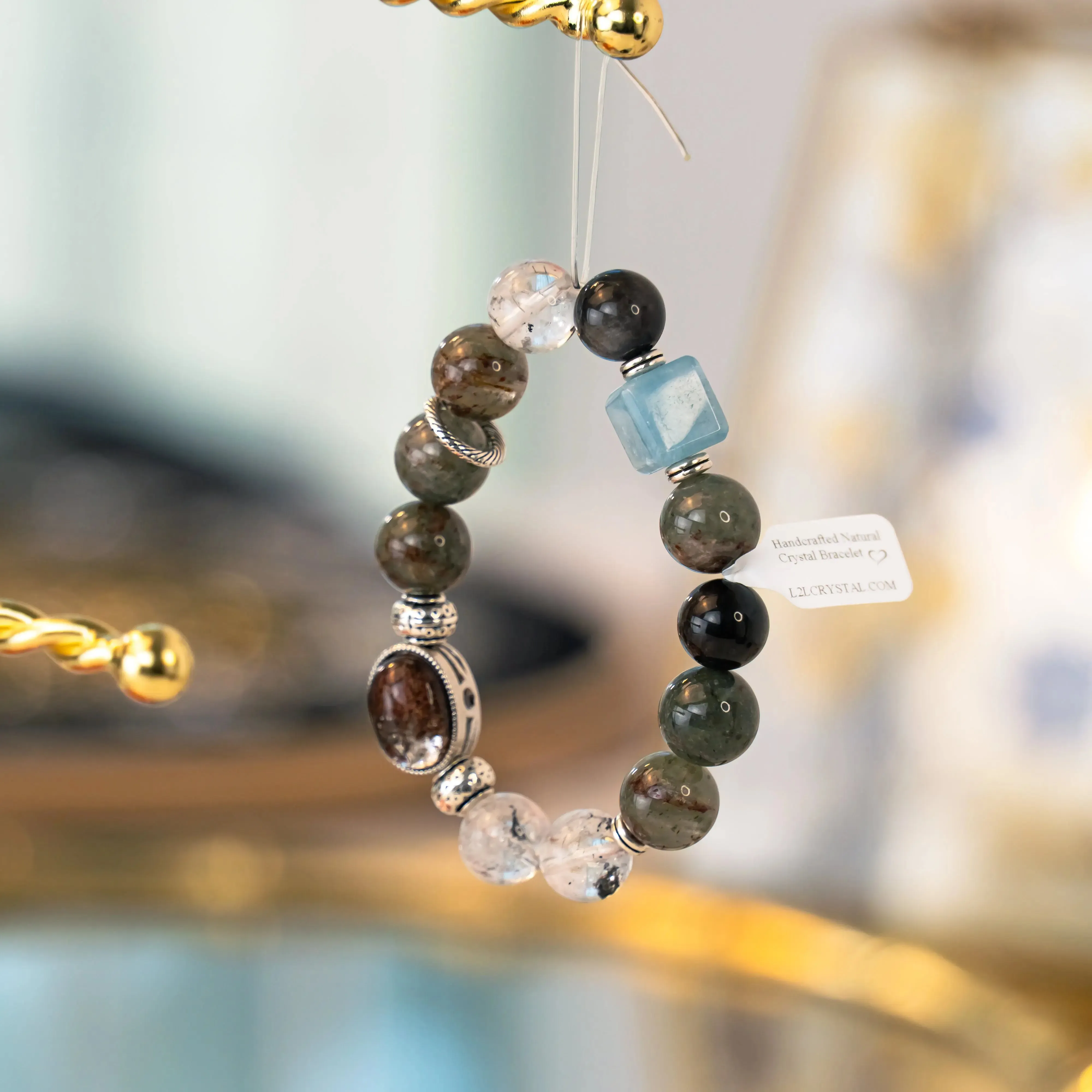 Natural Phantom Quartz & Aquamarine Green Bracelet