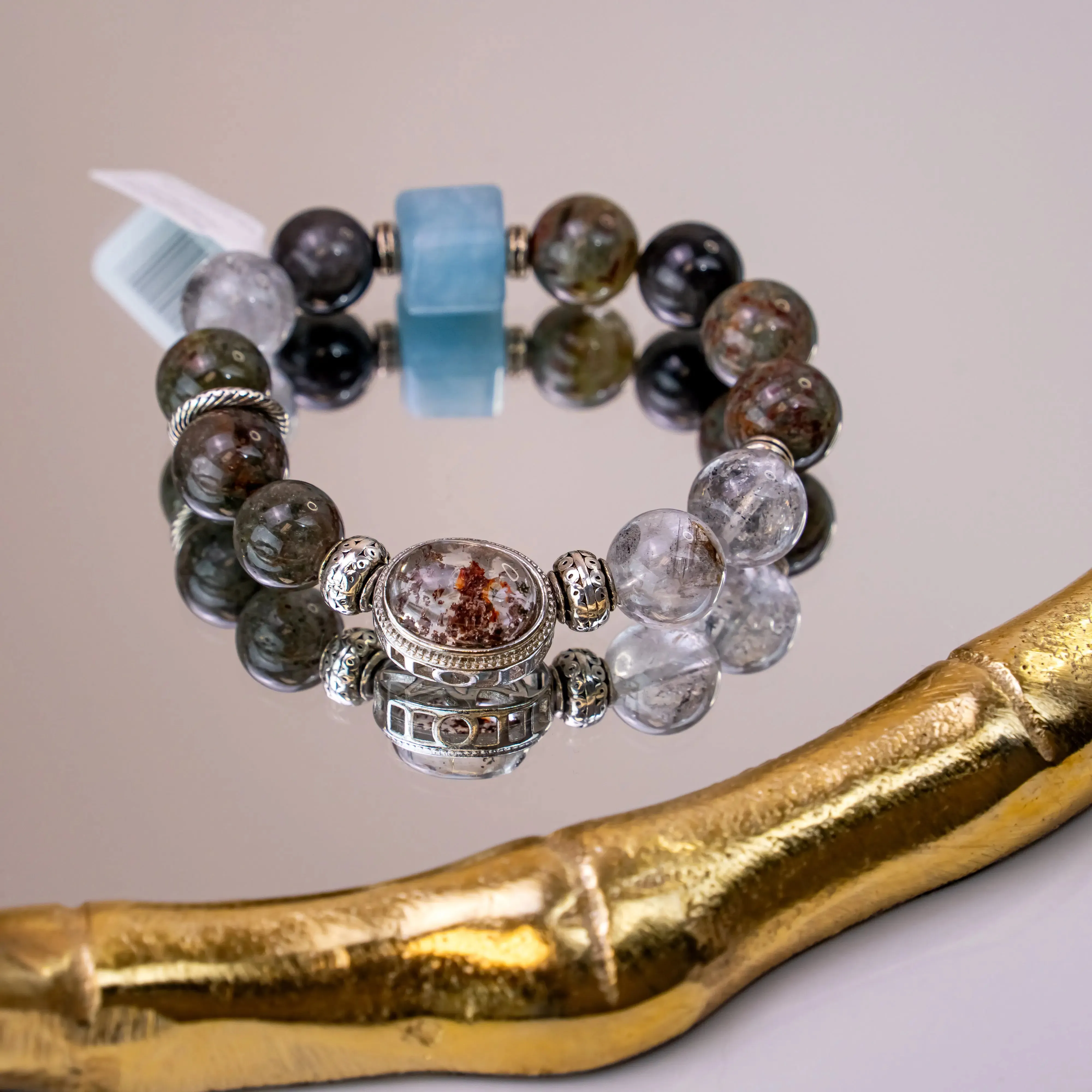 Natural Phantom Quartz & Aquamarine Green Bracelet