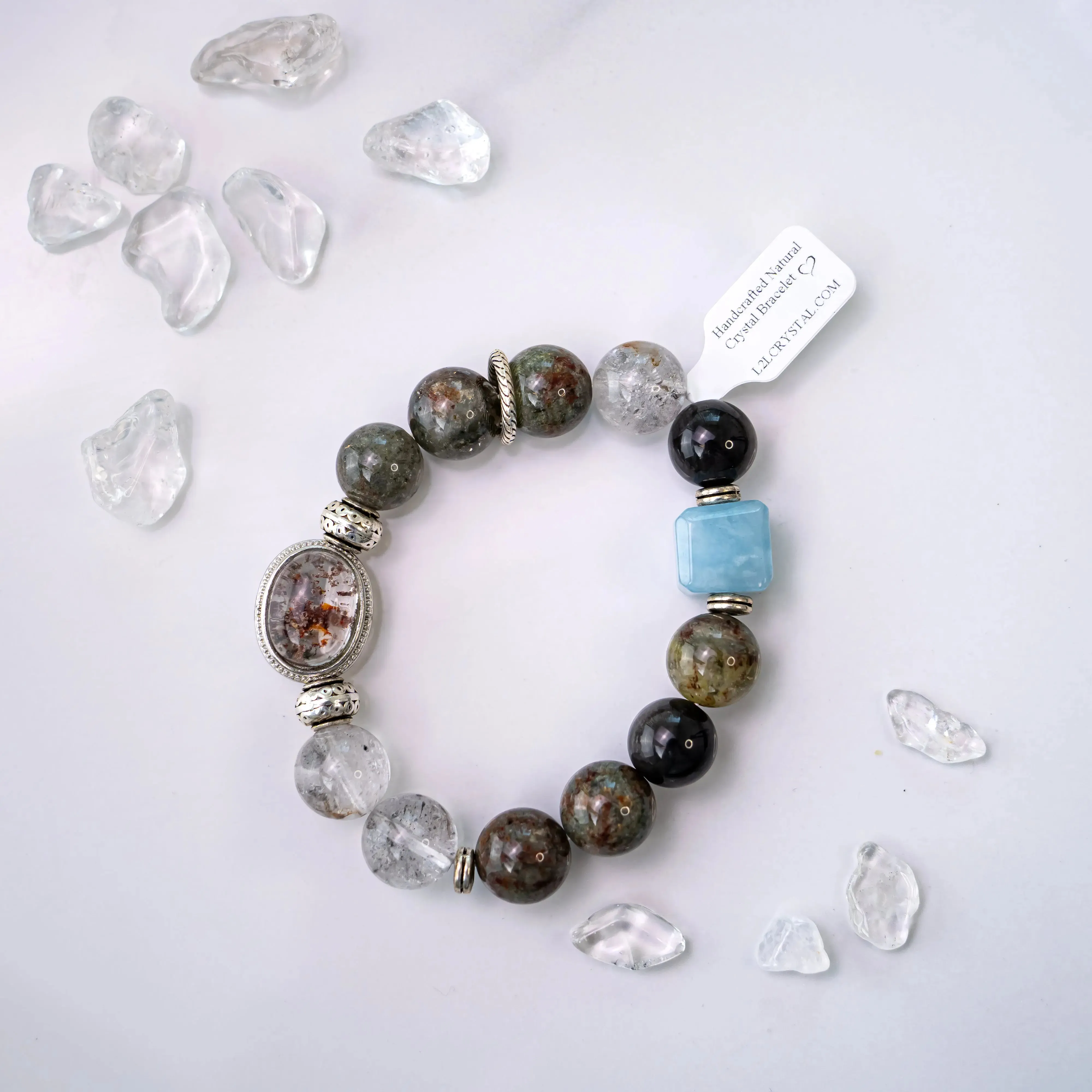 Natural Phantom Quartz & Aquamarine Green Bracelet