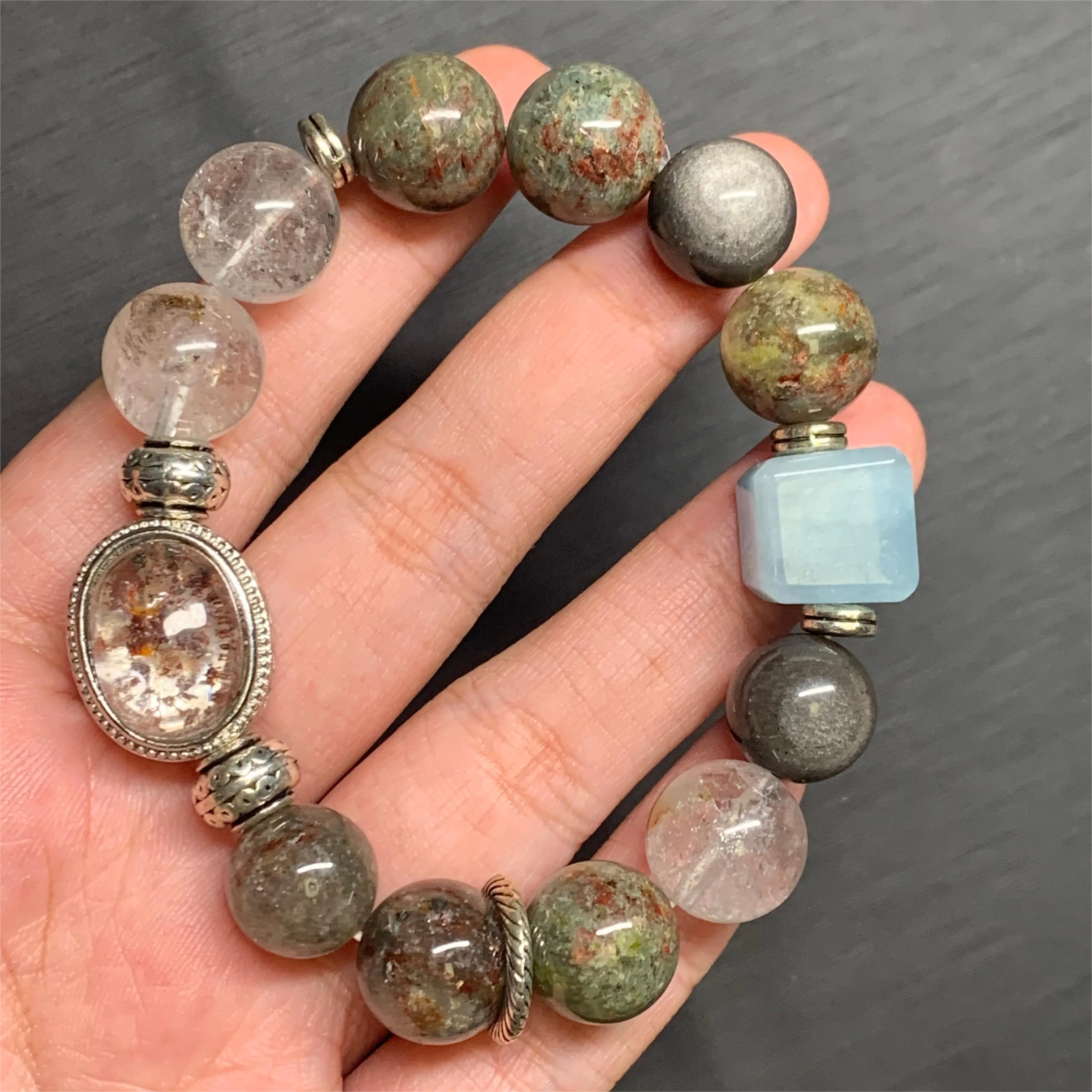 Natural Phantom Quartz & Aquamarine Green Bracelet