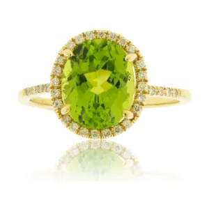 Oval Peridot with Diamond Halo on Diamond Accented Band