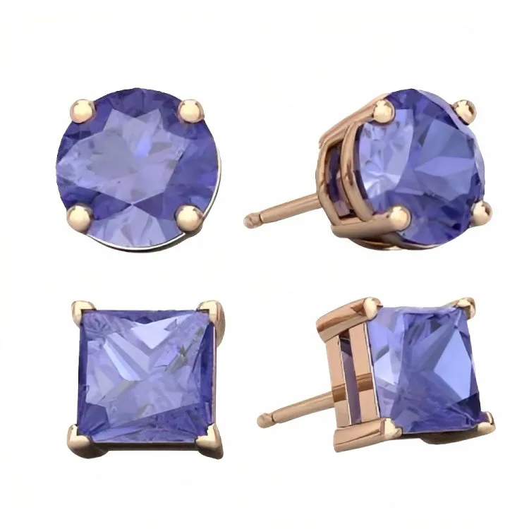 Paris Jewelry 18k Rose Gold 2 Pair Created Tanzanite 4mm Round & Princess Cut Stud Earrings Plated