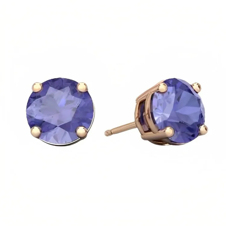 Paris Jewelry 18k Rose Gold 2 Pair Created Tanzanite 4mm Round & Princess Cut Stud Earrings Plated