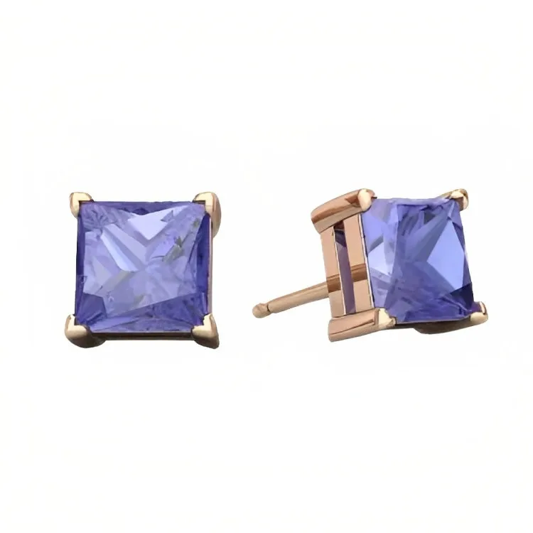 Paris Jewelry 18k Rose Gold 2 Pair Created Tanzanite 4mm Round & Princess Cut Stud Earrings Plated