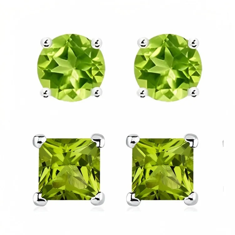 Paris Jewelry 18k White Gold 2 Pair Created Peridot 6mm Round & Princess Cut Stud Earrings Plated