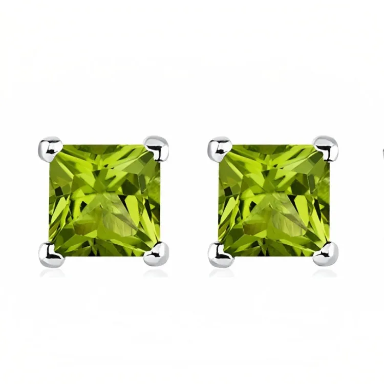 Paris Jewelry 18k White Gold 2 Pair Created Peridot 6mm Round & Princess Cut Stud Earrings Plated