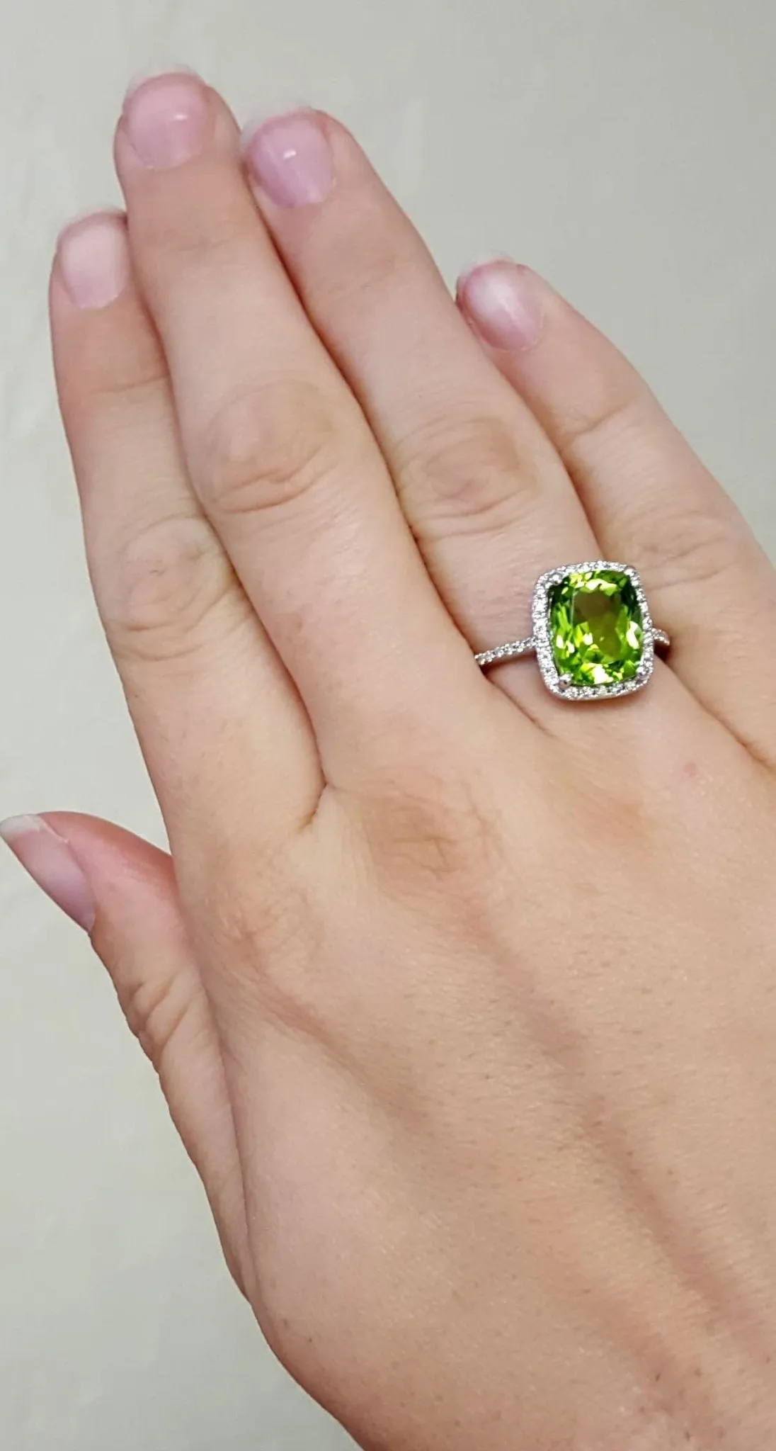 Peridot with Diamond Halo on Diamond Accented Band