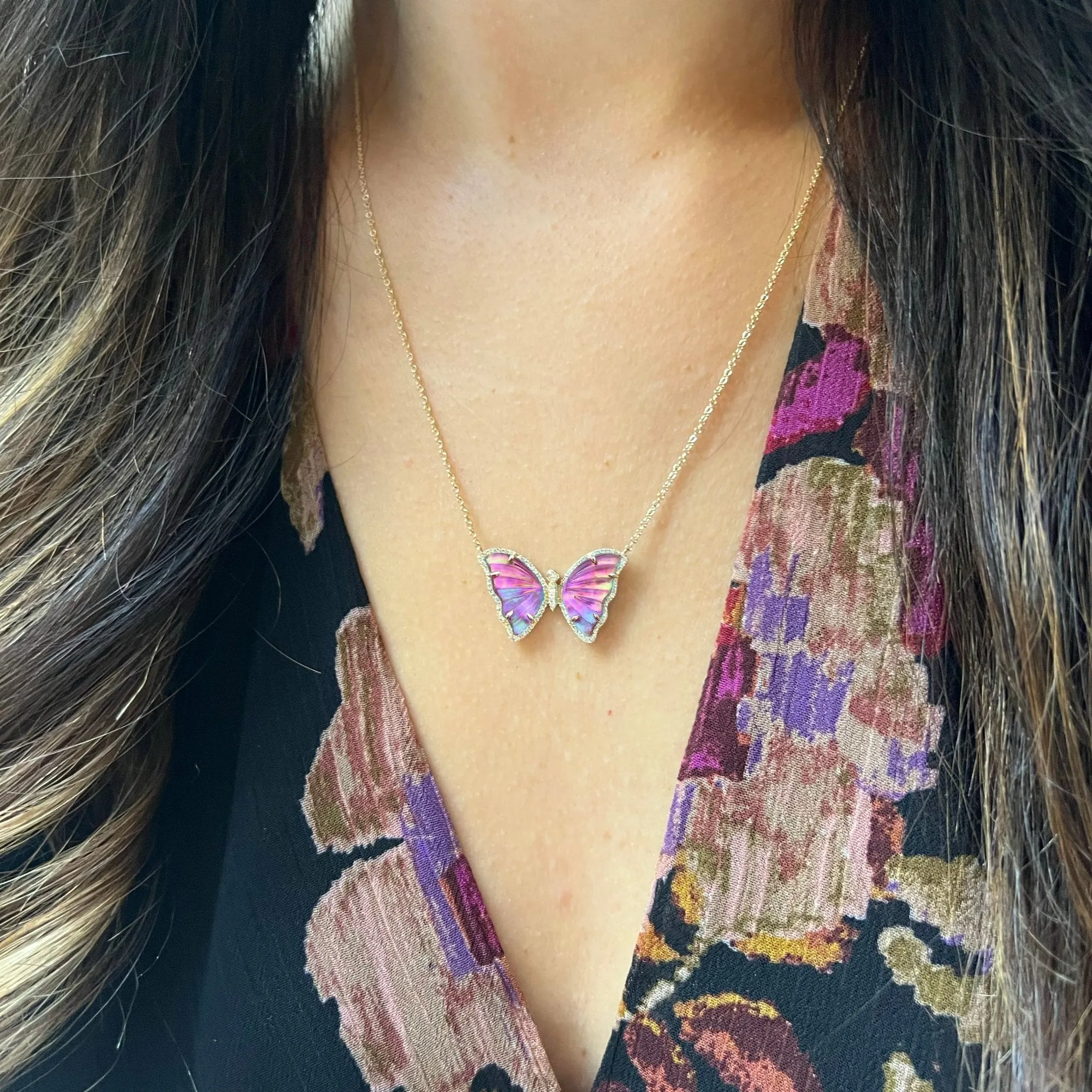 Pink Sunset Topaz Butterfly Necklace With Diamonds