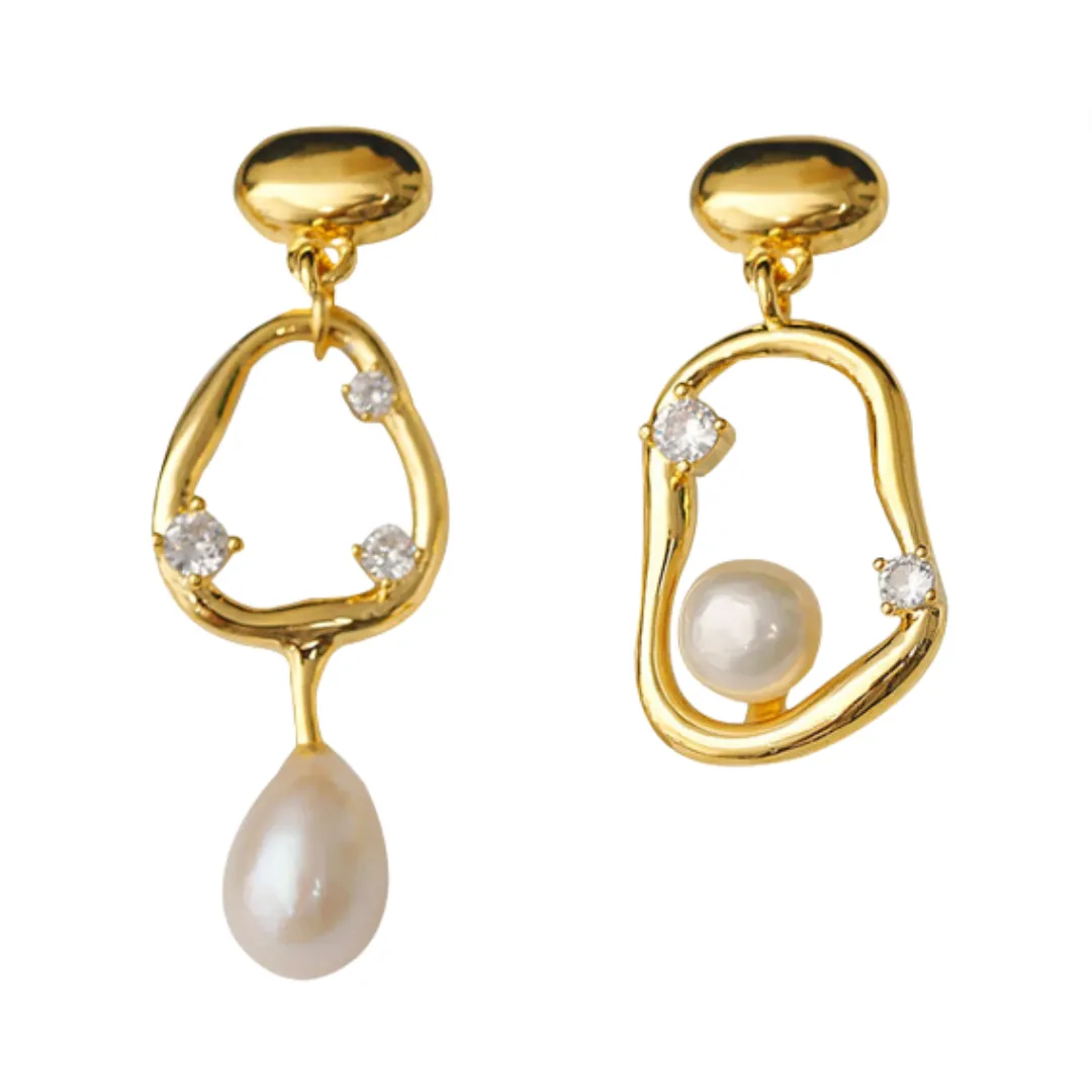 Pre Order:  Retro Asymmetrical Pearl Zircon Earrings