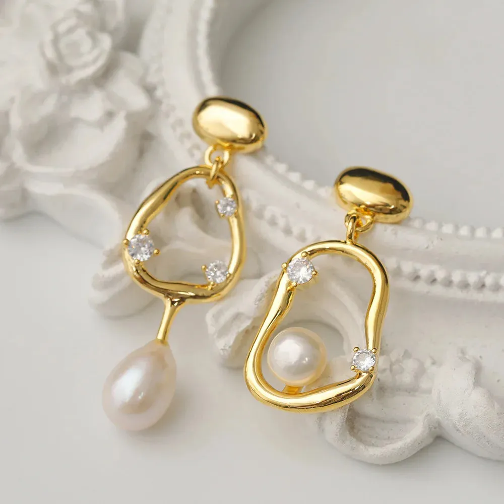 Pre Order:  Retro Asymmetrical Pearl Zircon Earrings