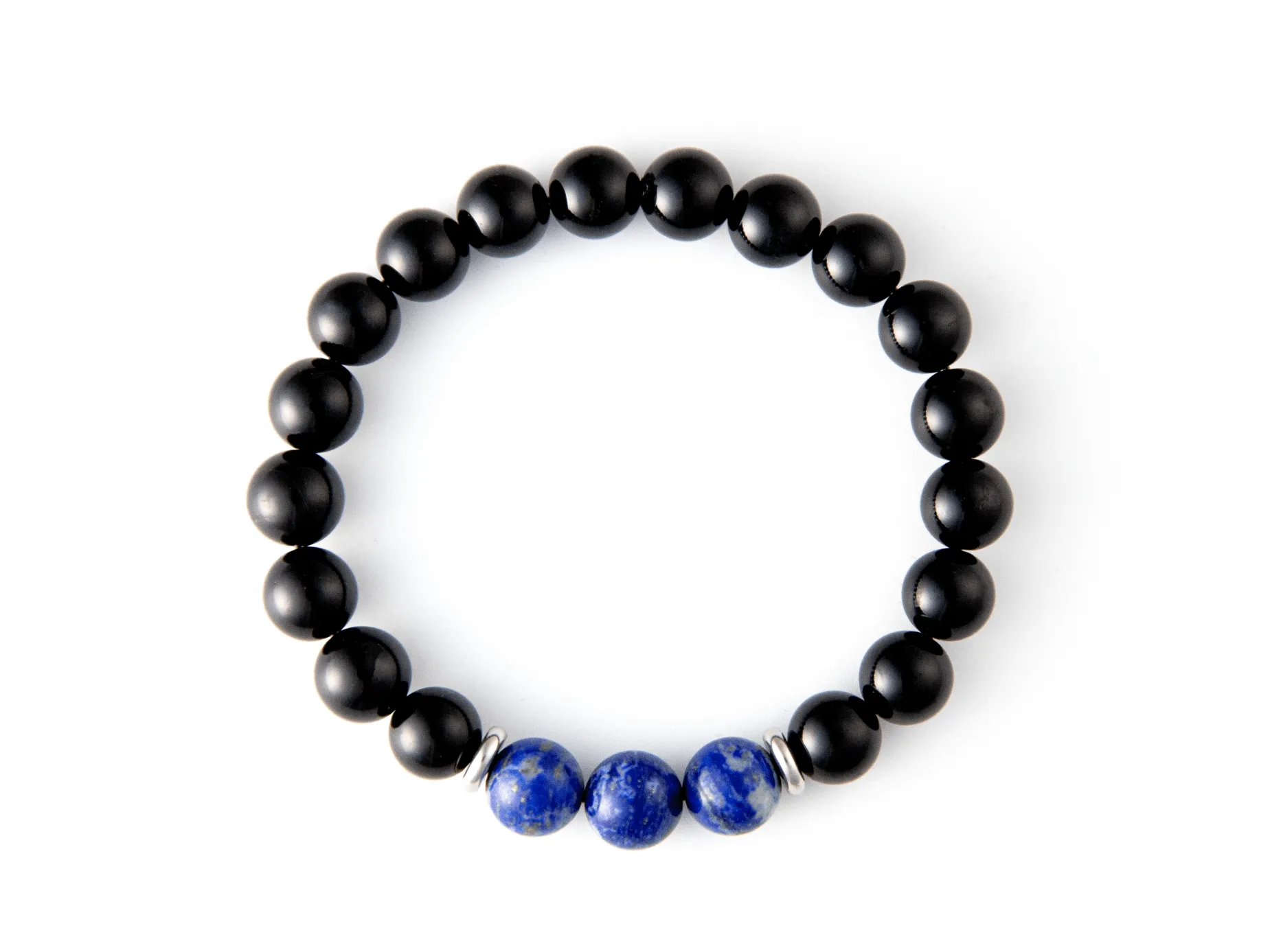 "Orion's Belt" 10mm Natural Gemstone Bead Bracelet Lapis Lazuli and Polished Onyx