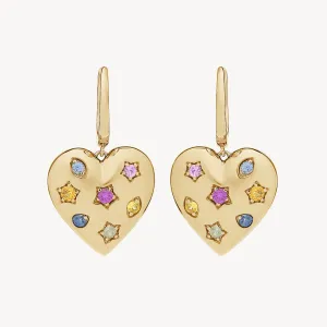 Rainbow Sapphire Confetti Heart Hoop Earrings