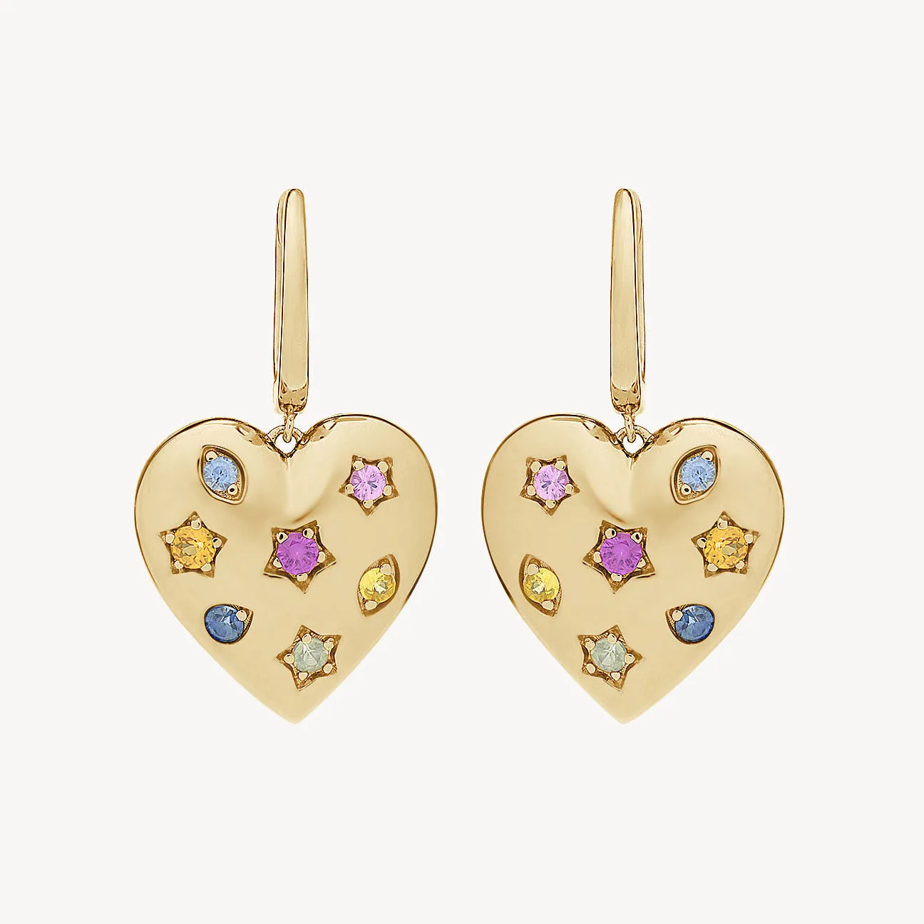 Rainbow Sapphire Confetti Heart Hoop Earrings
