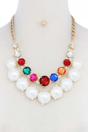 Rhinestone Pearl Dangle Necklace