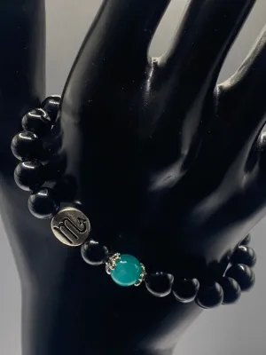Scorpio Zodiac black obsidian with aquamarine chalcedony semi precious stone/crystal elastic beaded bracelet with silver accents