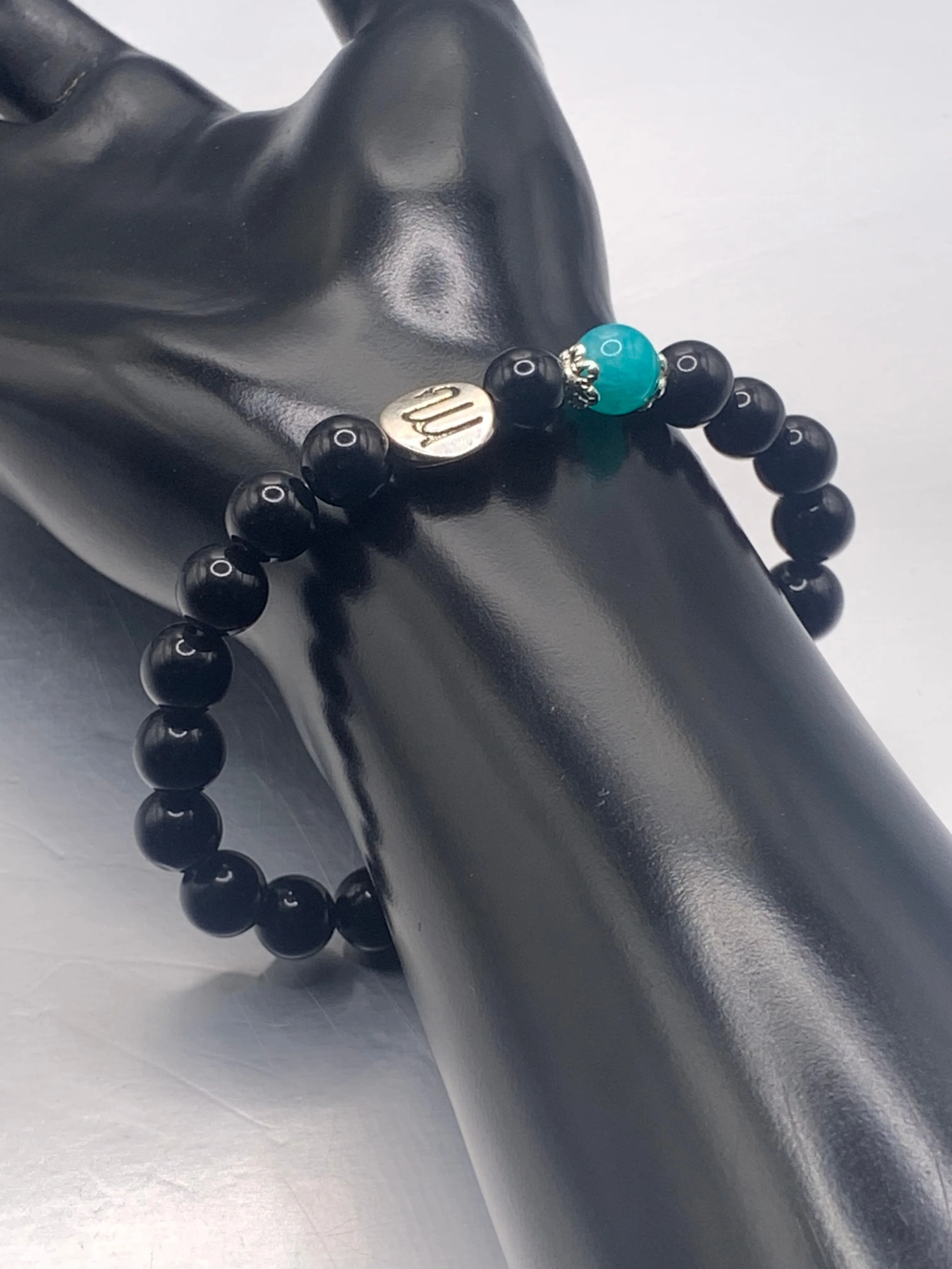 Scorpio Zodiac black obsidian with aquamarine chalcedony semi precious stone/crystal elastic beaded bracelet with silver accents