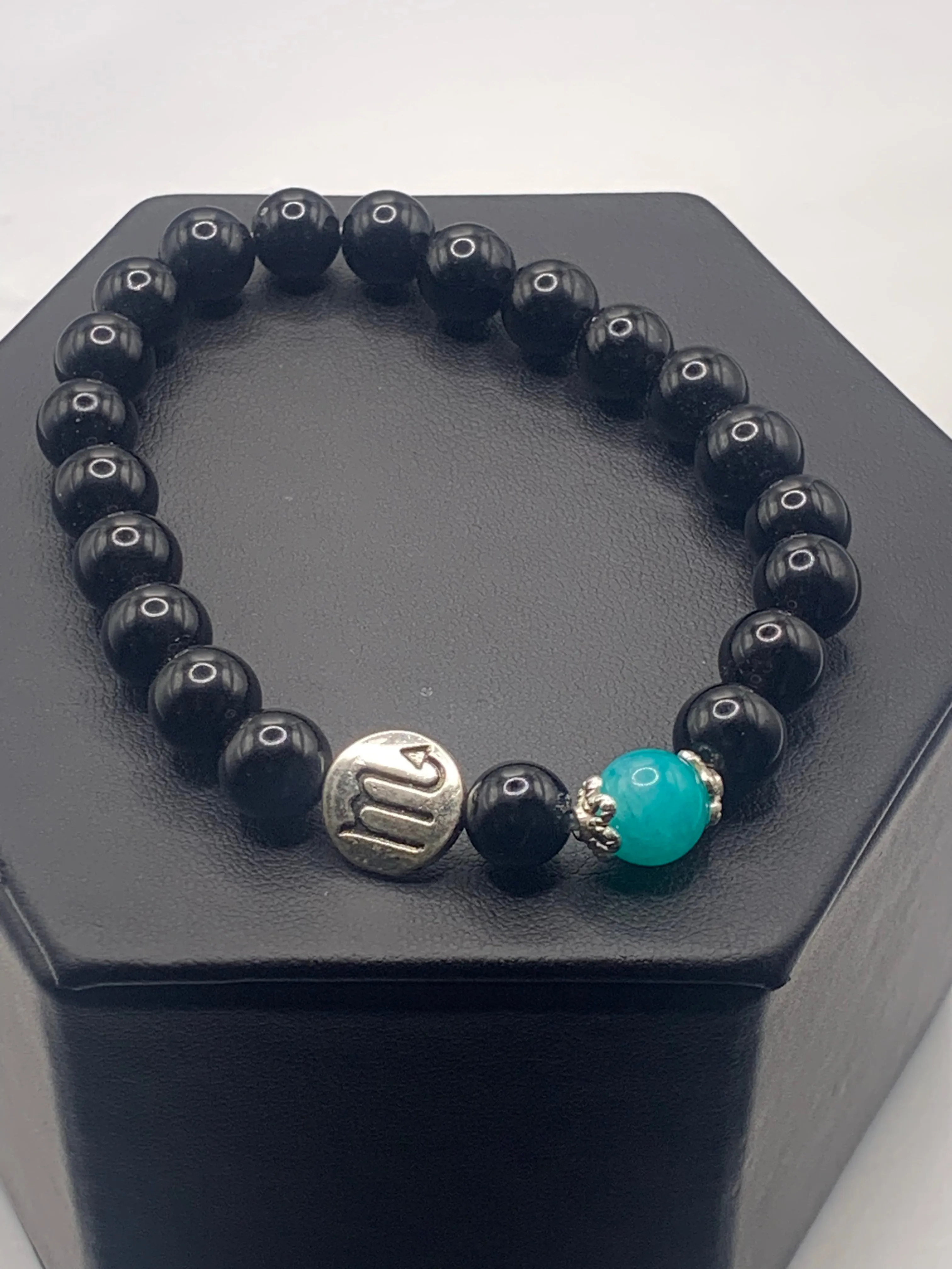 Scorpio Zodiac black obsidian with aquamarine chalcedony semi precious stone/crystal elastic beaded bracelet with silver accents