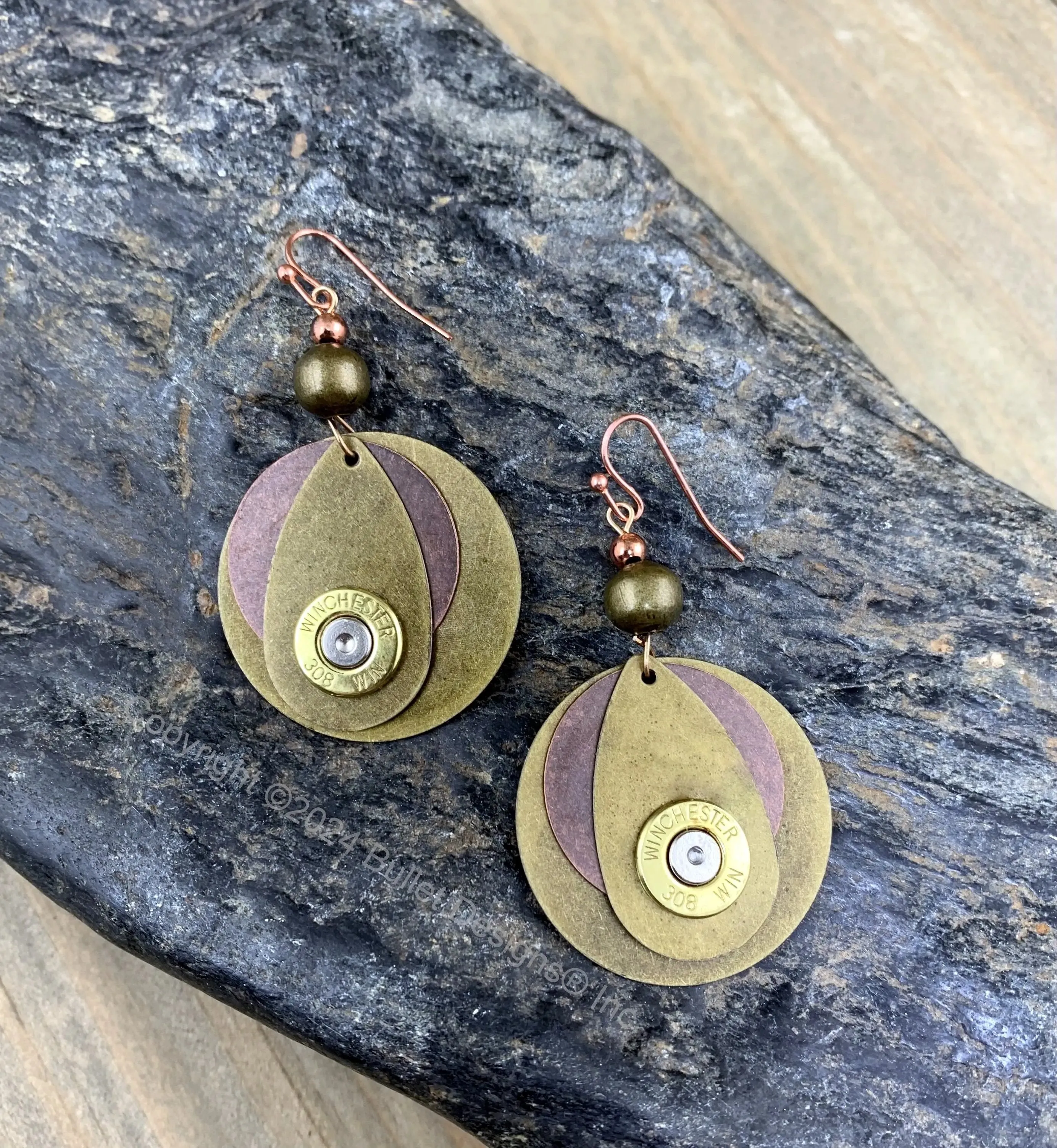 Simple Dangle Duo Mixed Metal Bullet Earrings, Brass & Copper, 308(Shown), Brass Bullet, 5.6cm/2.20" x 3.3cm/1.29", Swarovski Crystal
