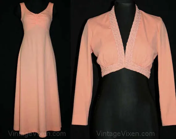 Size 8 Peach Knit Empire Dress & Beaded Jacket - Spring Summer 1970s Prom Evening Formal Gown After Five - Sleeveless - Bust 35 - 40873