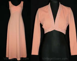 Size 8 Peach Knit Empire Dress & Beaded Jacket - Spring Summer 1970s Prom Evening Formal Gown After Five - Sleeveless - Bust 35 - 40873