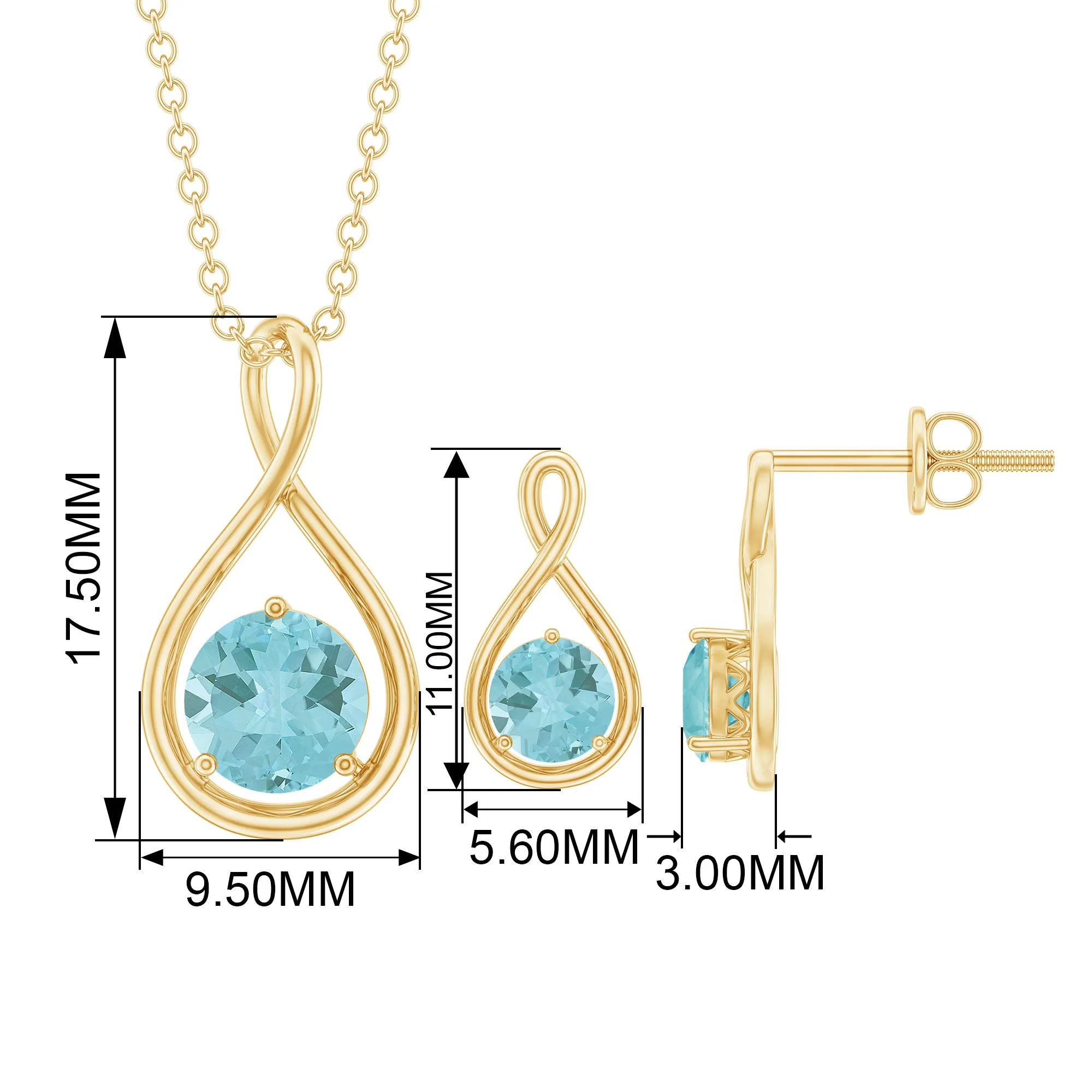 Sky Blue Topaz Solitaire and Gold Infinity Earrings and Necklace Set