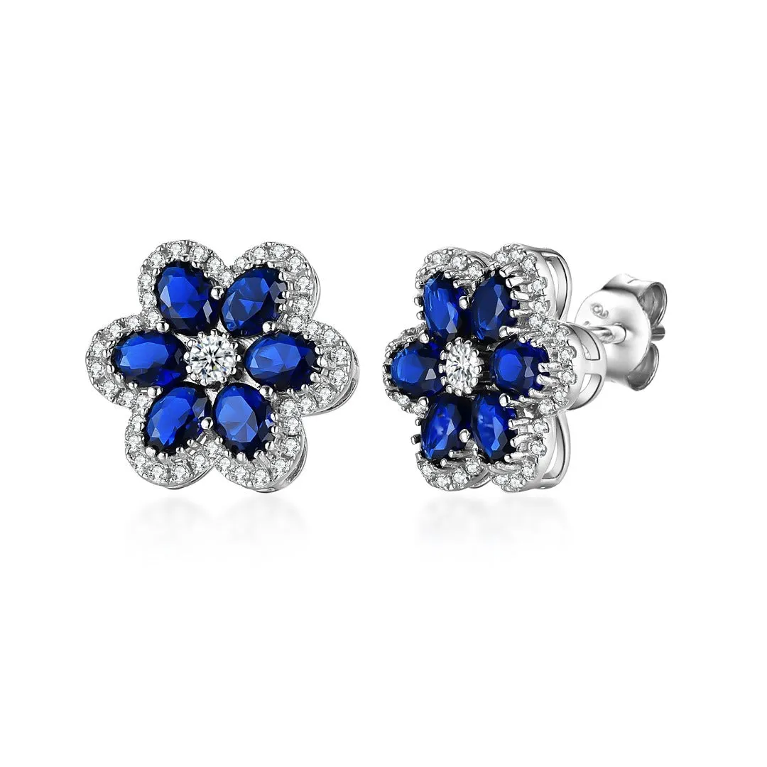 Sterling Silver Sapphire or Ruby CZ Flower Stud Earring