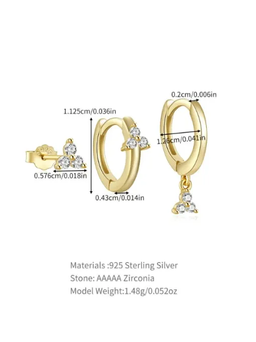 Stud and Hoop Earrings Set 925 Sterling Silver 18K Gold Plated Luxury 3 piece Hypoallergenic Set