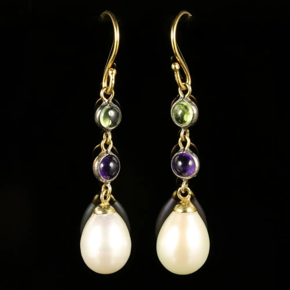 Suffragette Earrings Pearl Amethyst Peridot 9Ct Gold