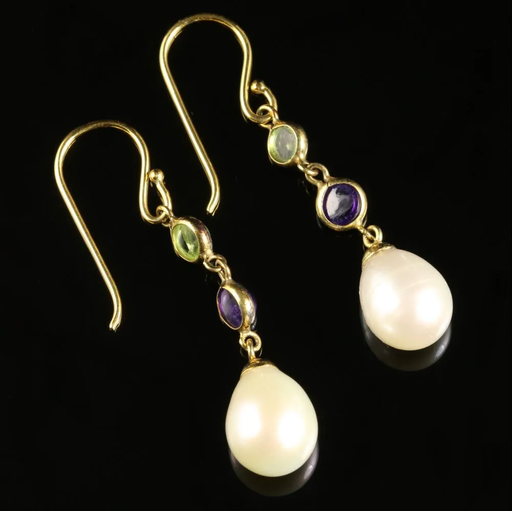 Suffragette Earrings Pearl Amethyst Peridot 9Ct Gold