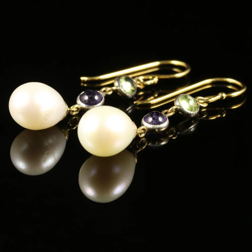 Suffragette Earrings Pearl Amethyst Peridot 9Ct Gold