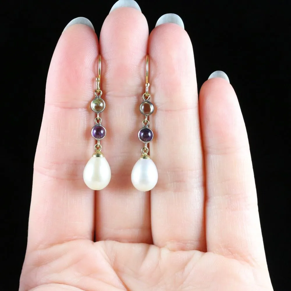 Suffragette Earrings Pearl Amethyst Peridot 9Ct Gold
