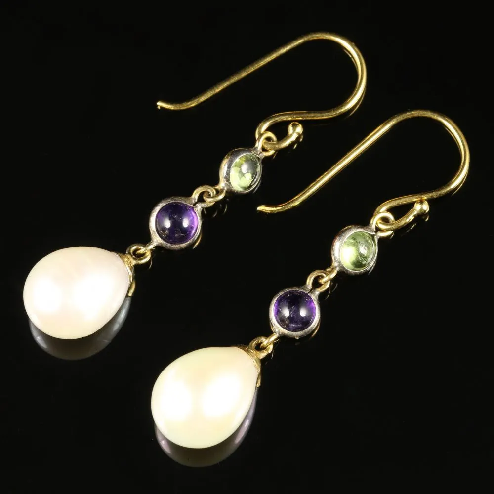 Suffragette Earrings Pearl Amethyst Peridot 9Ct Gold