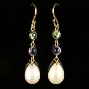 Suffragette Earrings Pearl Amethyst Peridot 9Ct Gold