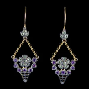 Suffragette Flower Drop Earrings 18Ct Gold Amethyst Peridot Diamond