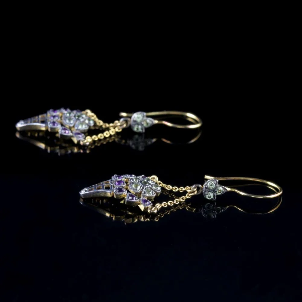 Suffragette Flower Drop Earrings 18Ct Gold Amethyst Peridot Diamond