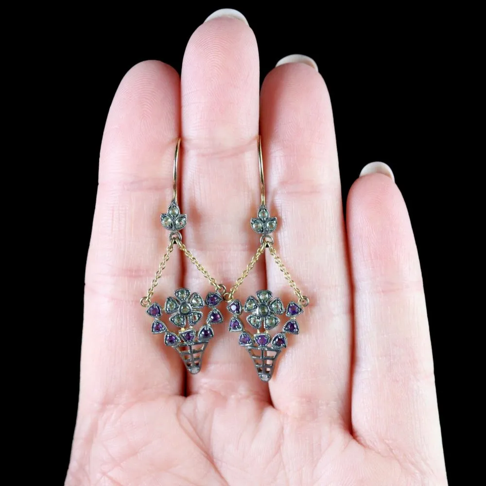 Suffragette Flower Drop Earrings 18Ct Gold Amethyst Peridot Diamond