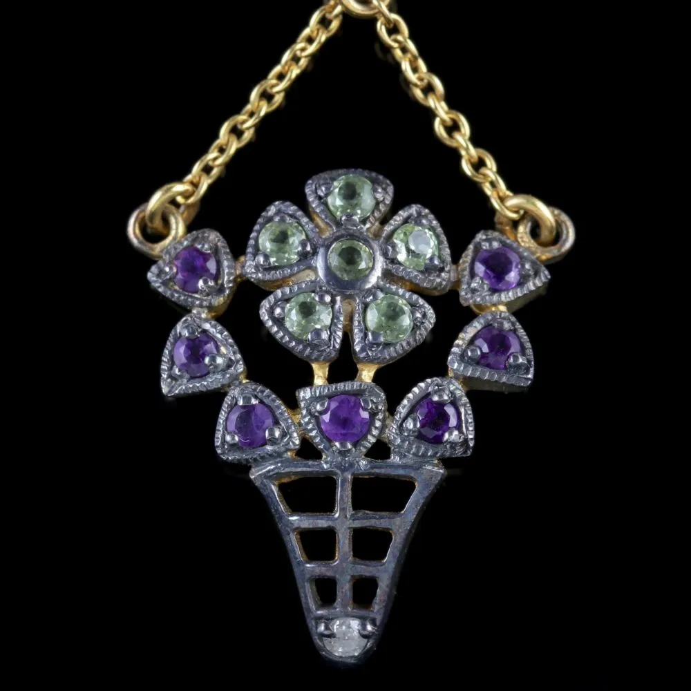 Suffragette Flower Drop Earrings 18Ct Gold Amethyst Peridot Diamond