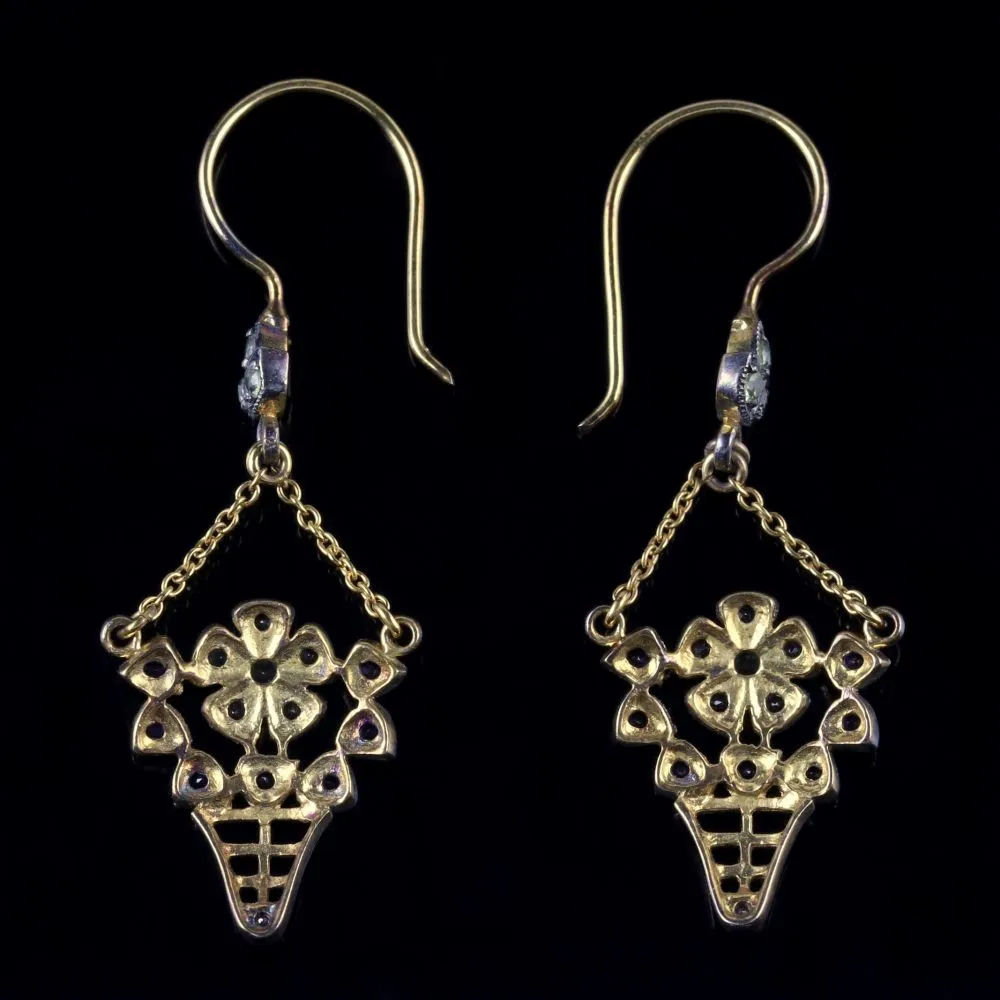 Suffragette Flower Drop Earrings 18Ct Gold Amethyst Peridot Diamond
