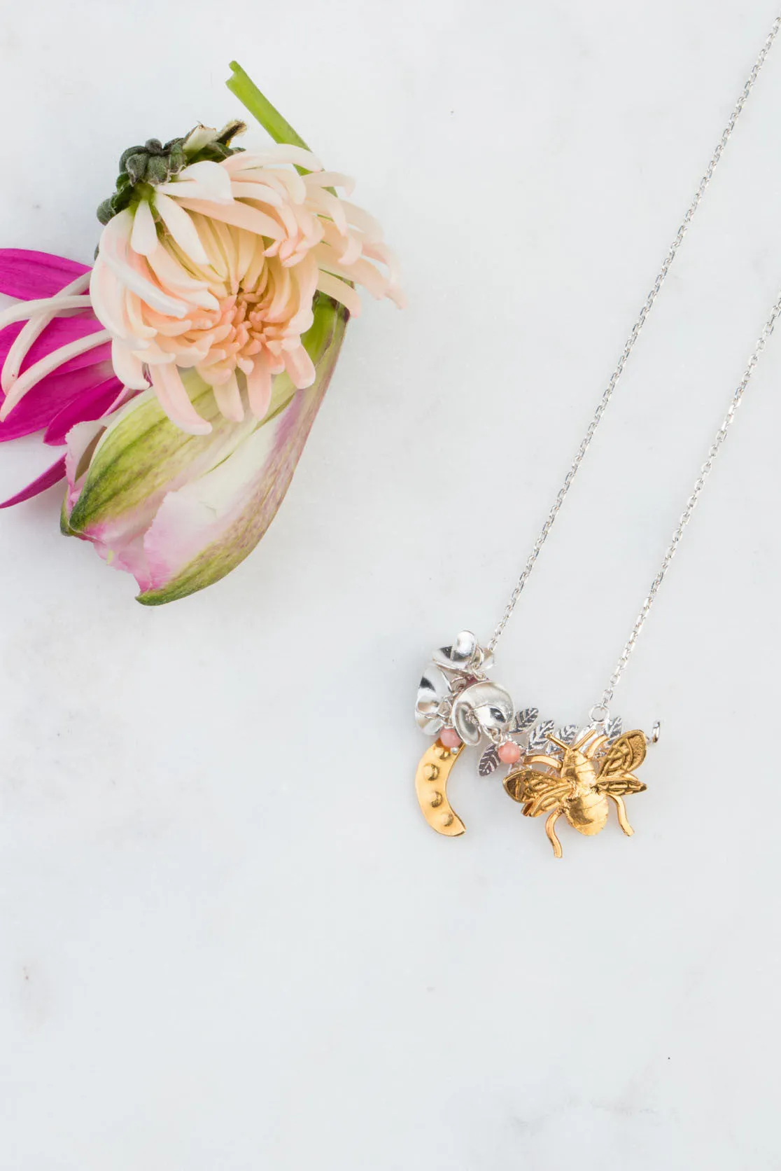 Sweet Pea And Bee Necklace In Silver & Gold