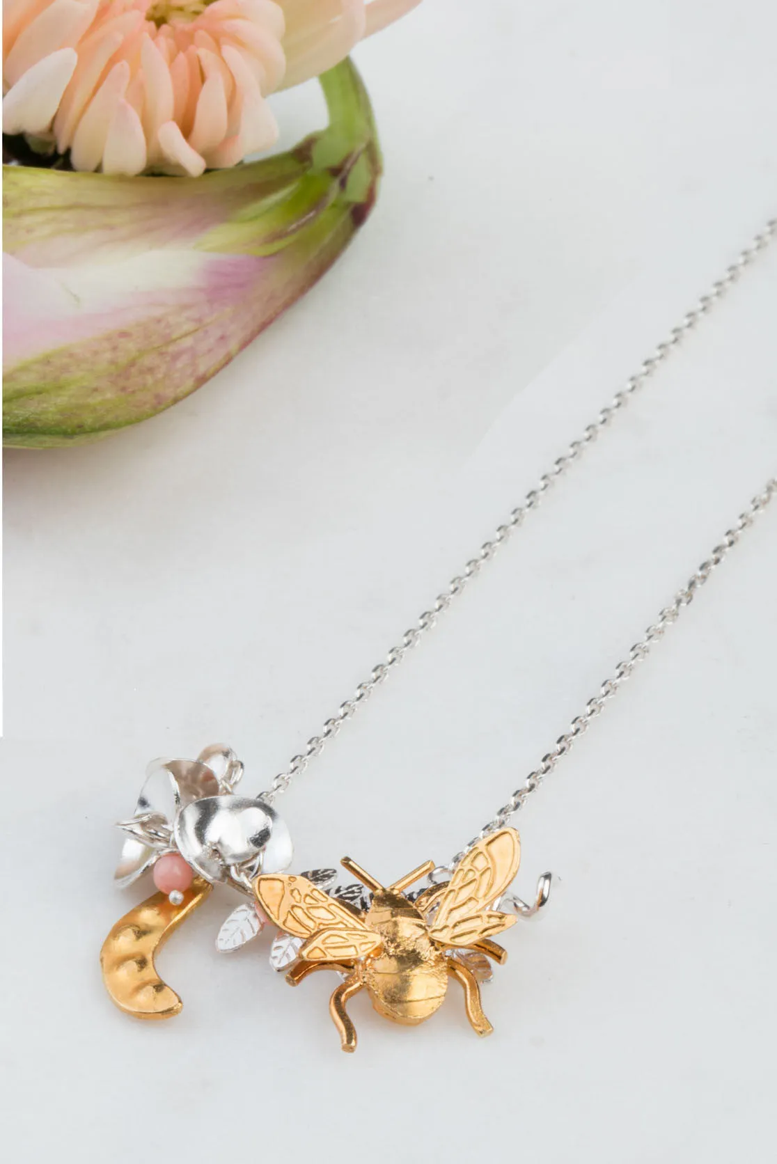 Sweet Pea And Bee Necklace In Silver & Gold