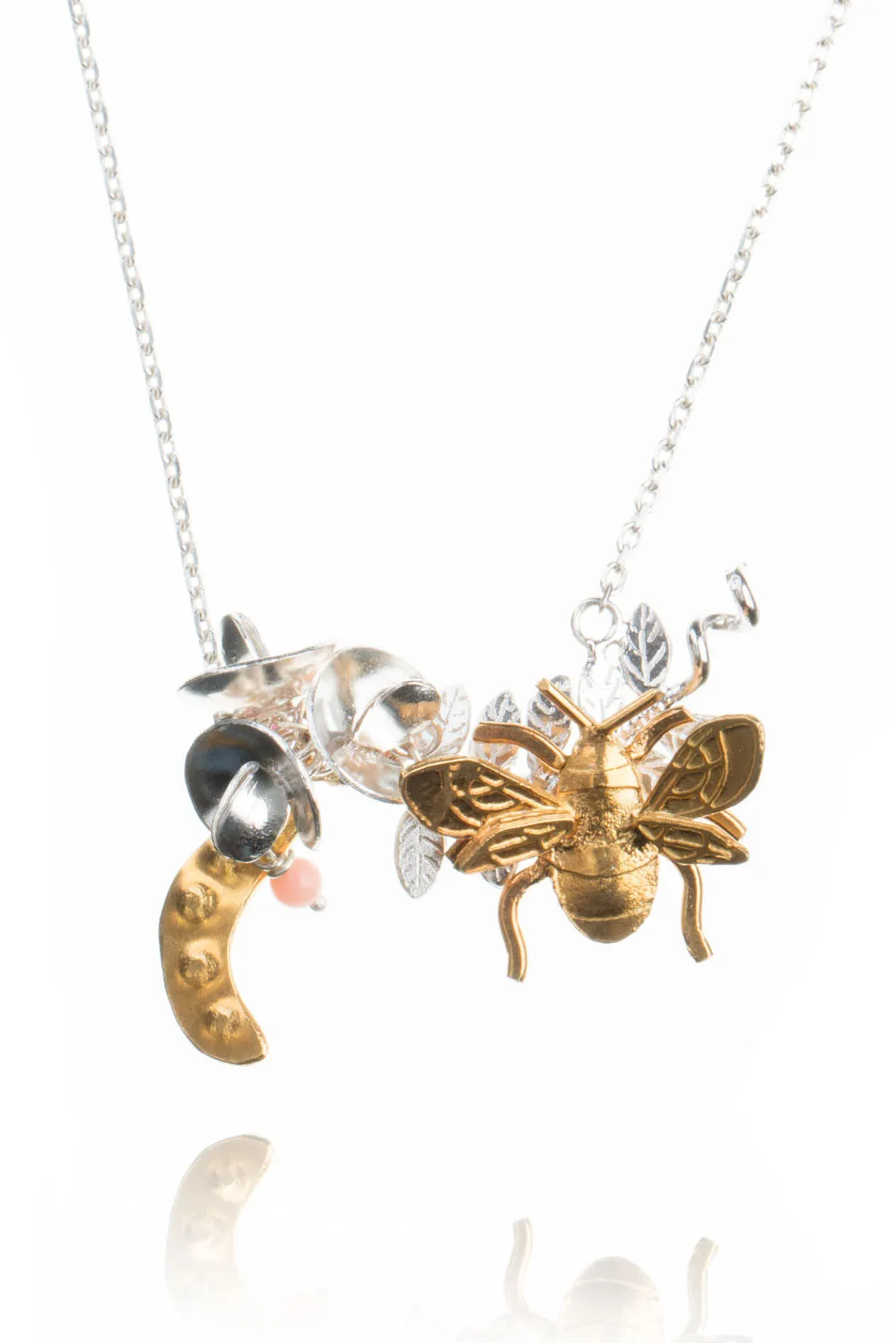Sweet Pea And Bee Necklace In Silver & Gold