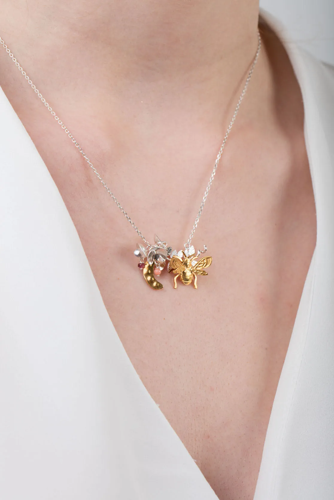 Sweet Pea And Bee Necklace In Silver & Gold