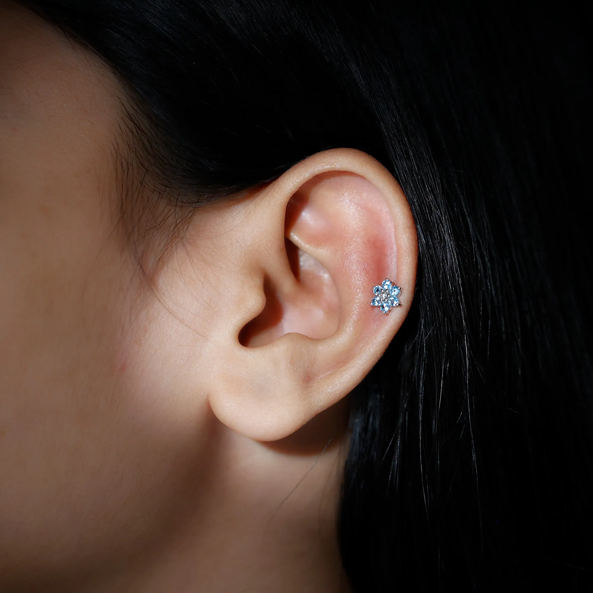 Swiss Blue Topaz and Diamond Flower Helix Earring