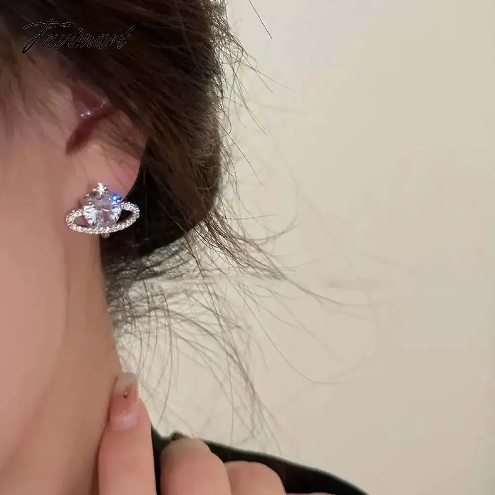 Tavimart Korean Shine Zircon Planet Earrings Women French Retro Personality Simple Design Versatile Temperament Stud Earrings Jewelry