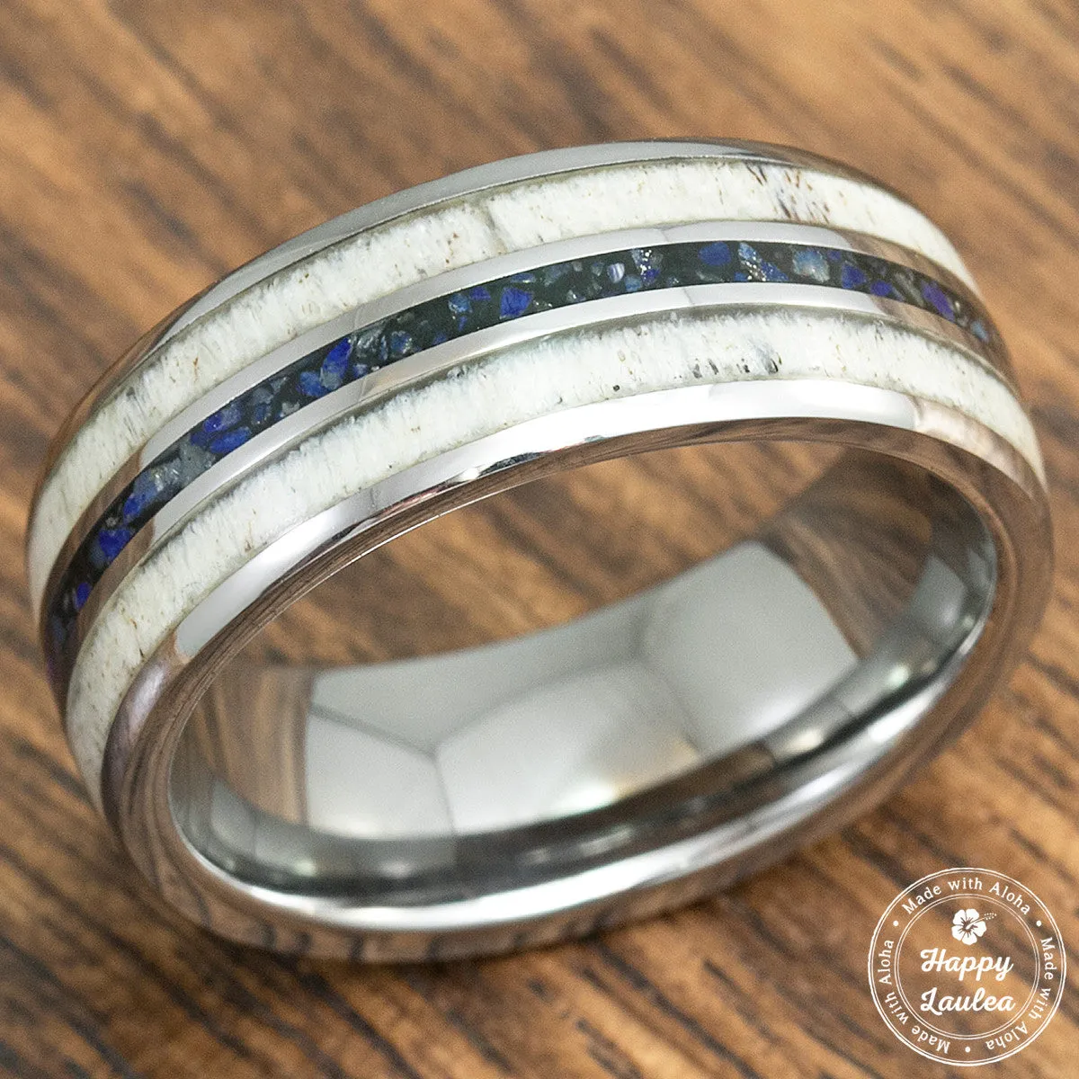 Tungsten Carbide Ring with Crushed Lapis Lazuli & Antler Tri-Inlay - 8mm, Dome Shape, Comfort Fitment