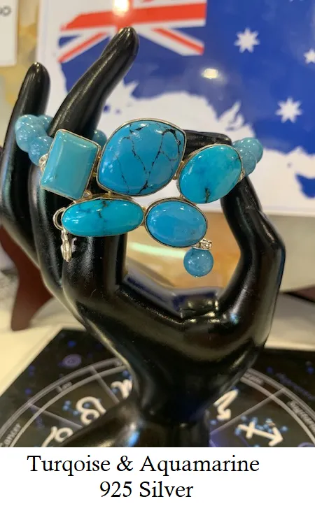 Turquoise Bracelet set in 925 Silver with Celestite & Aquamarine Double Strand Bracelet