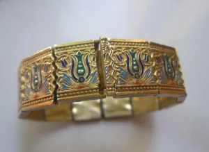 Vintage Caucasian Style Turkish Sterling Silver Gold Gilt and Enamel Tulip Motif Bracelet